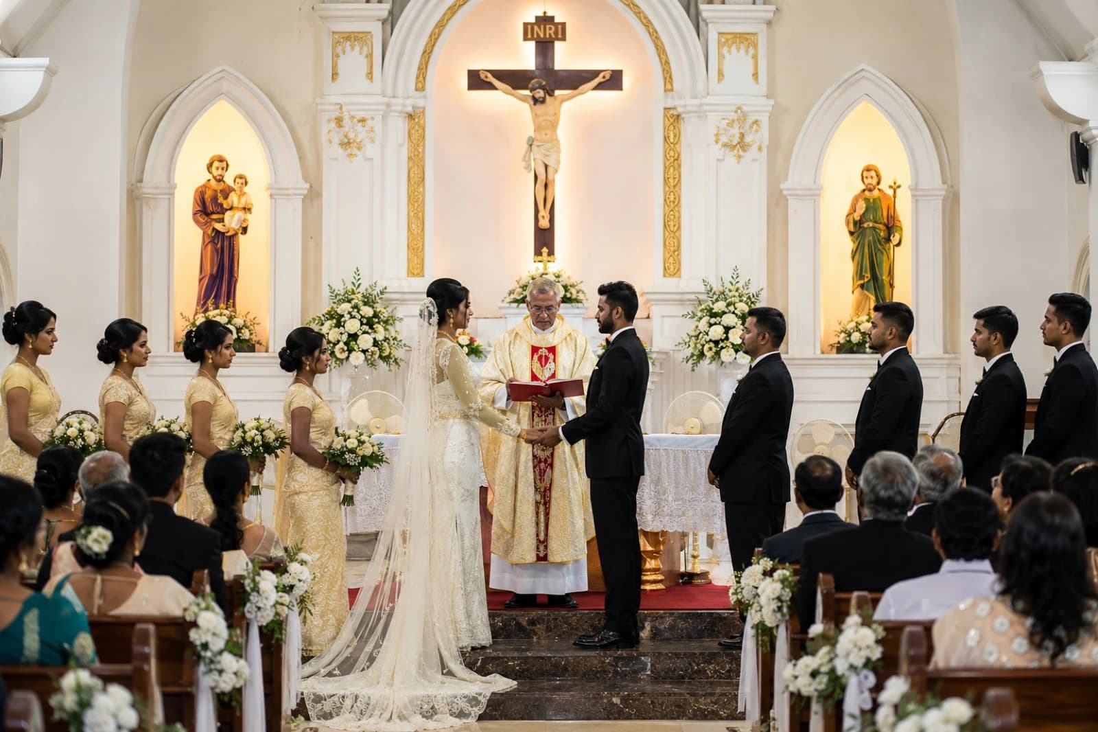 කතෝලික දේවස්ථානයක පූජාසනය: සුදු මල් සැරසිලි සහ ස්ථැන්ඩ් ග්ලාස් ජනේල