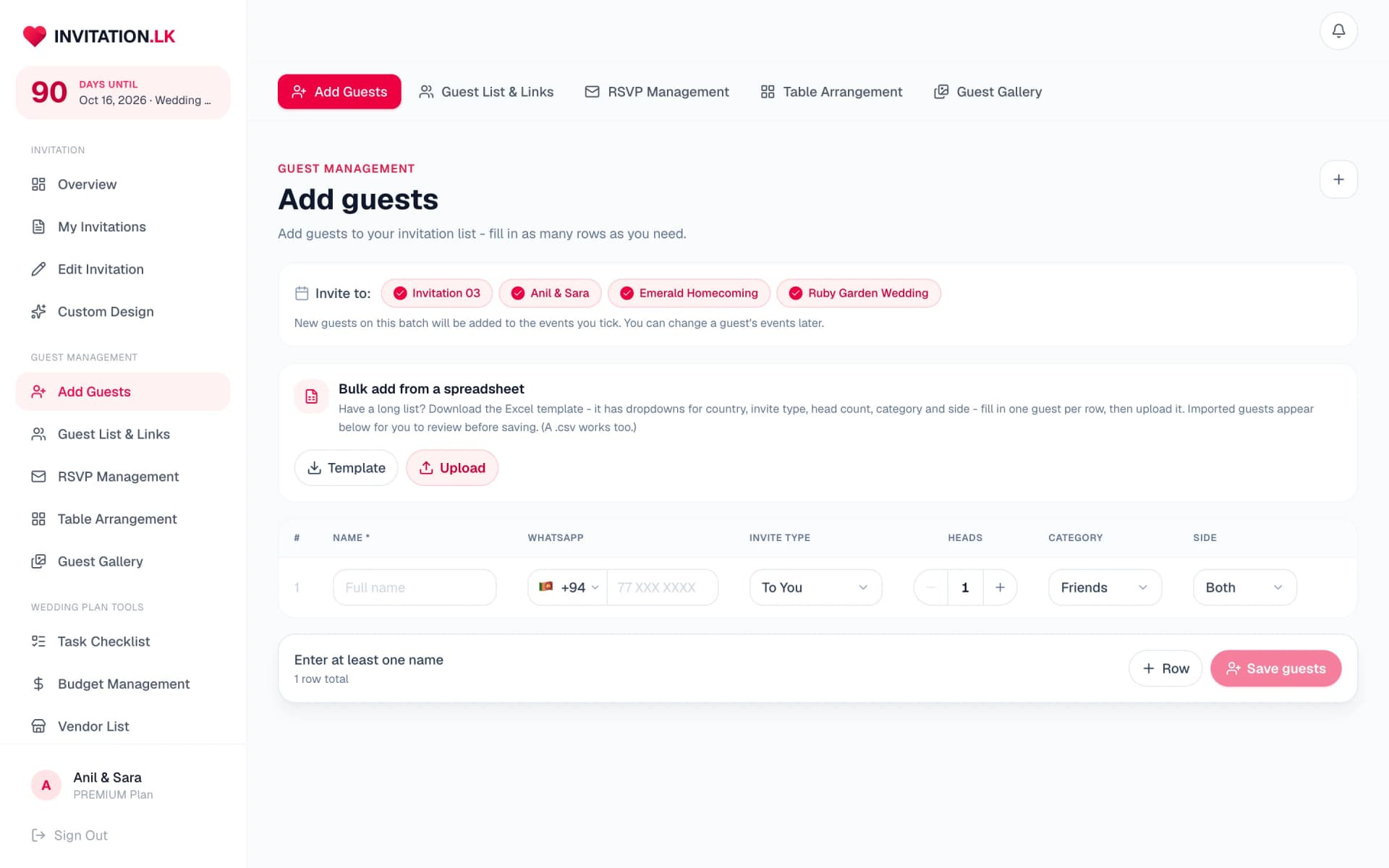 The add guests page on a laptop with event selection and a bulk spreadsheet import option