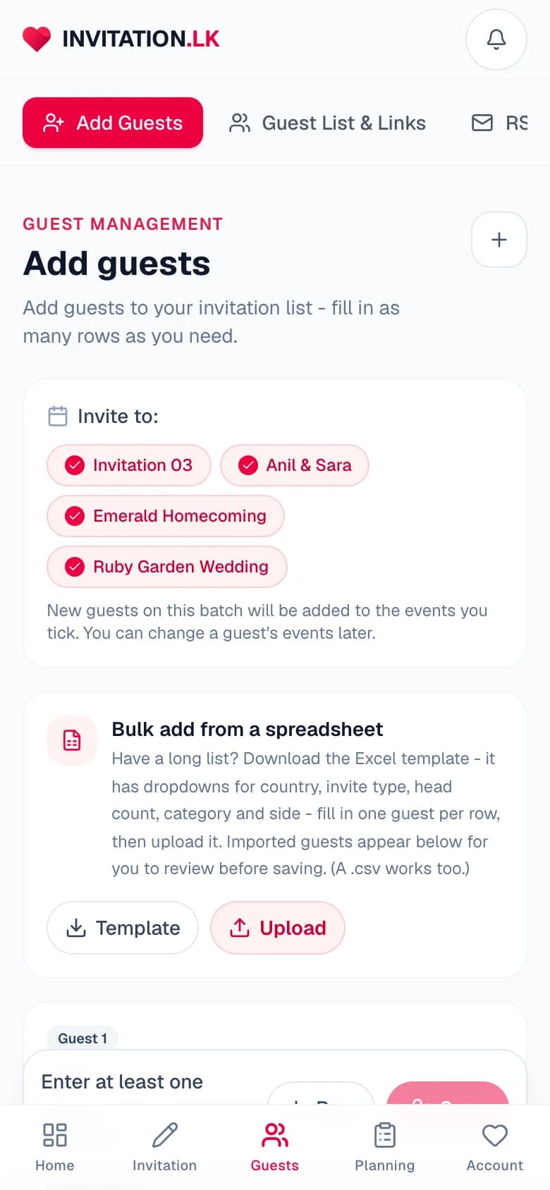 Adding guests from a mobile phone