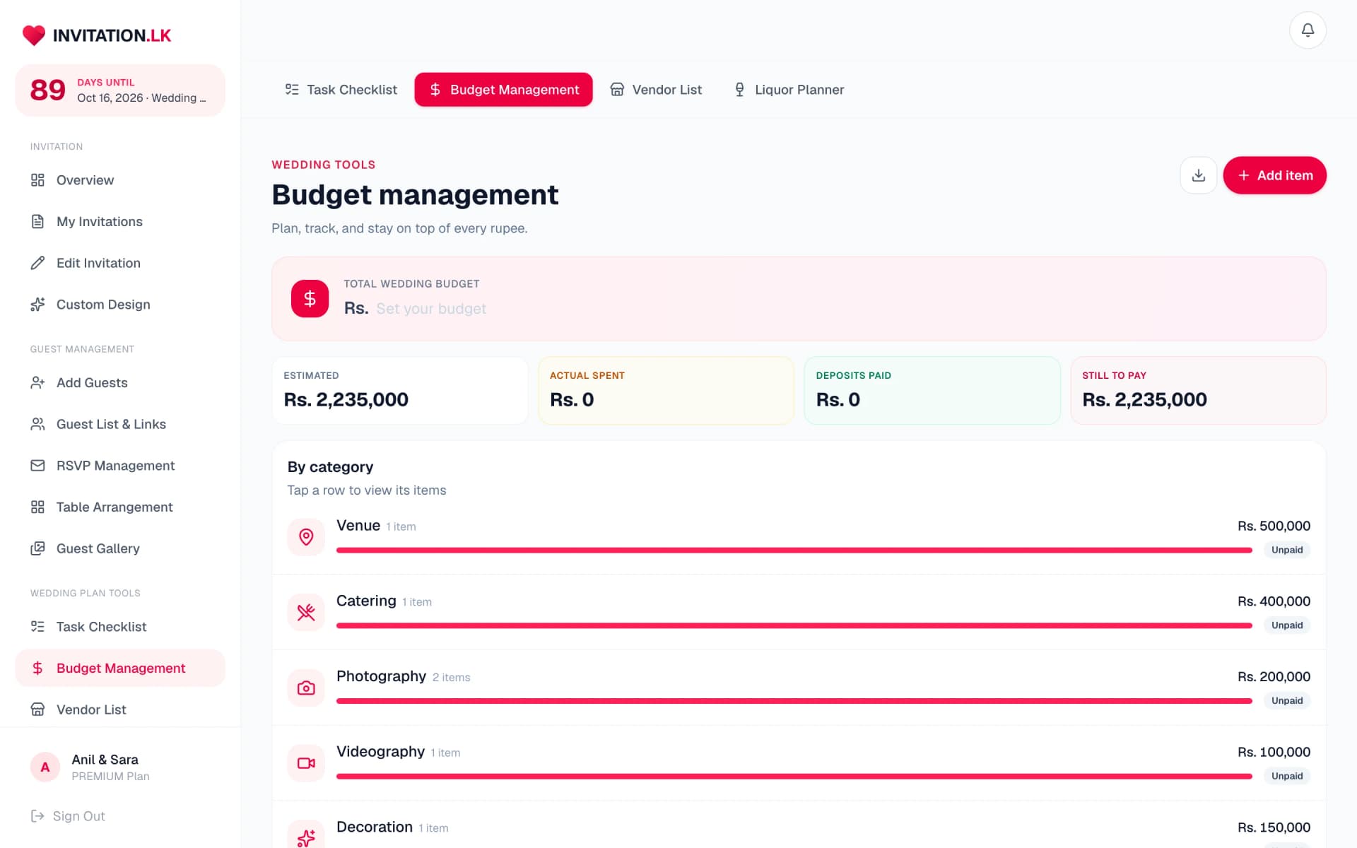 Budget management with per-category estimates and payment status