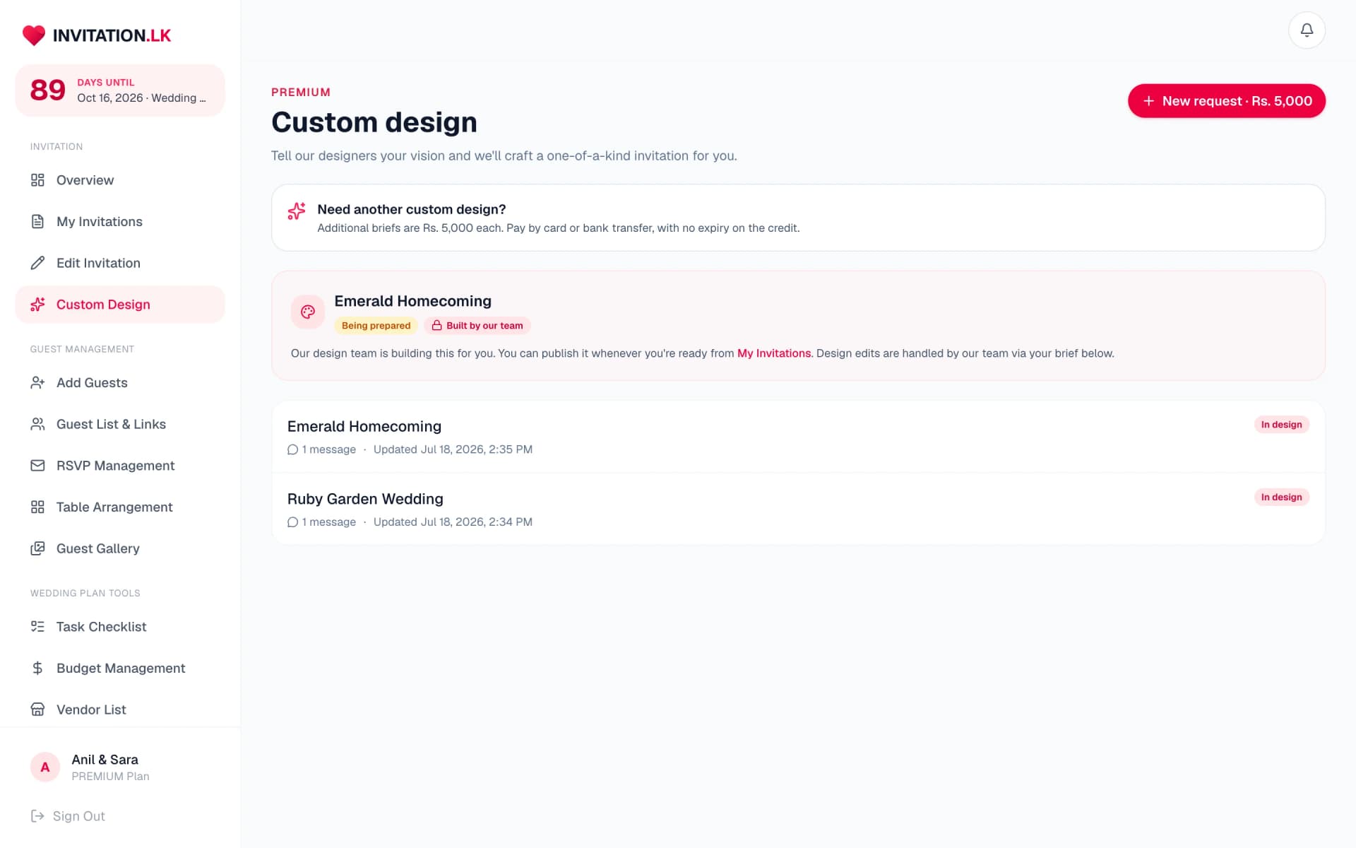 Custom design requests with status badges and designer message threads