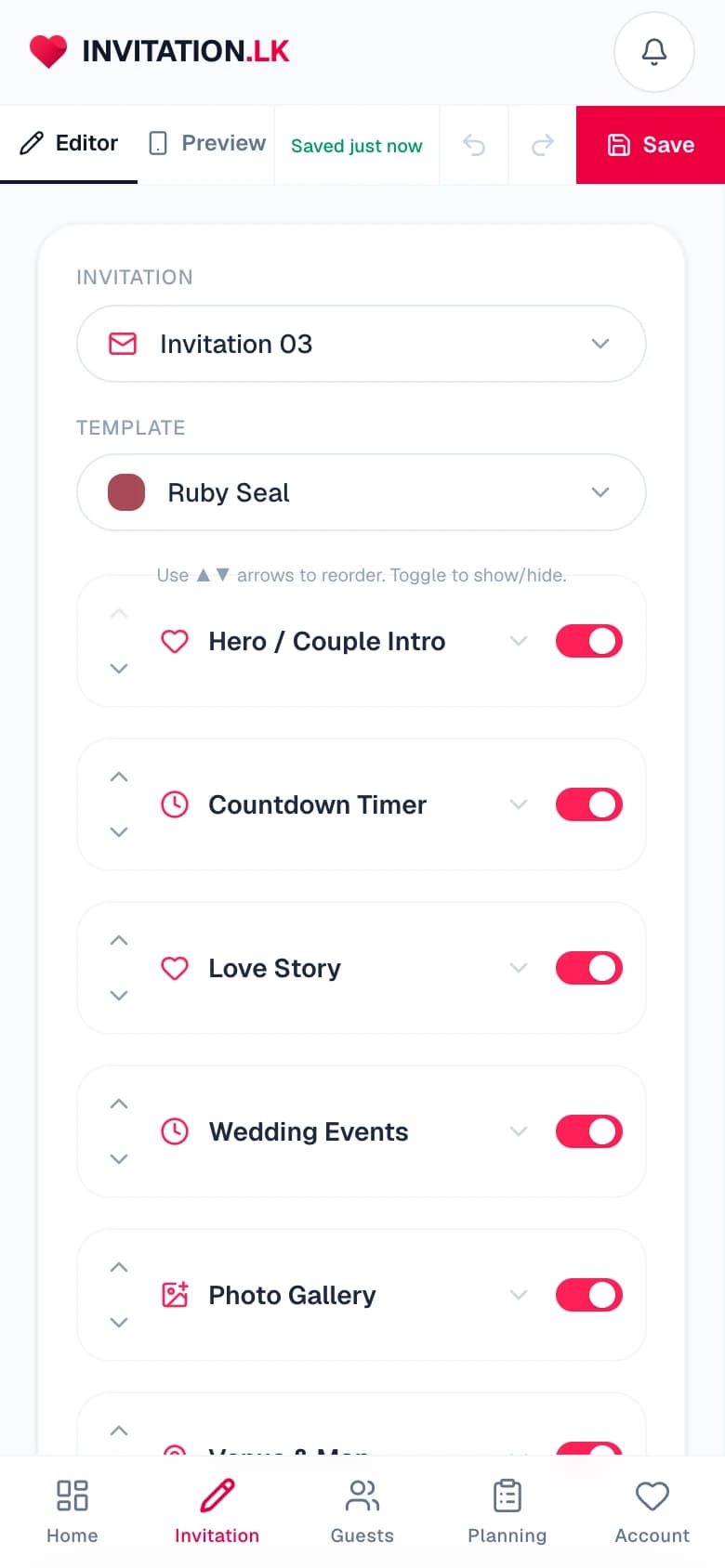 The invitation editor used on a mobile phone