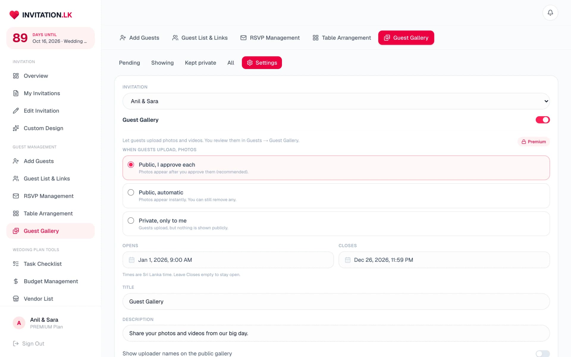 Guest gallery settings with approval modes and an open and close schedule