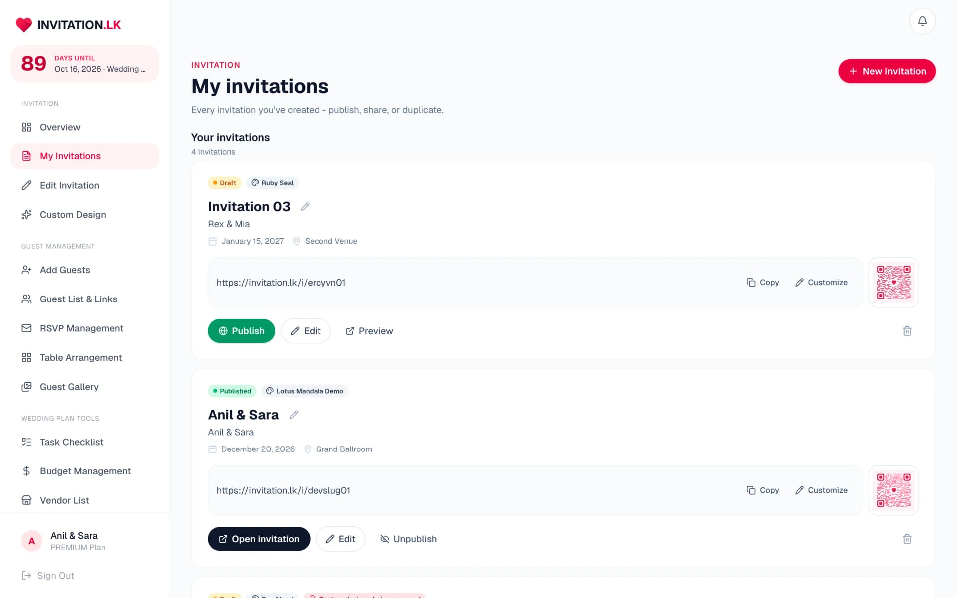 My invitations list with publish controls, share links, and QR codes
