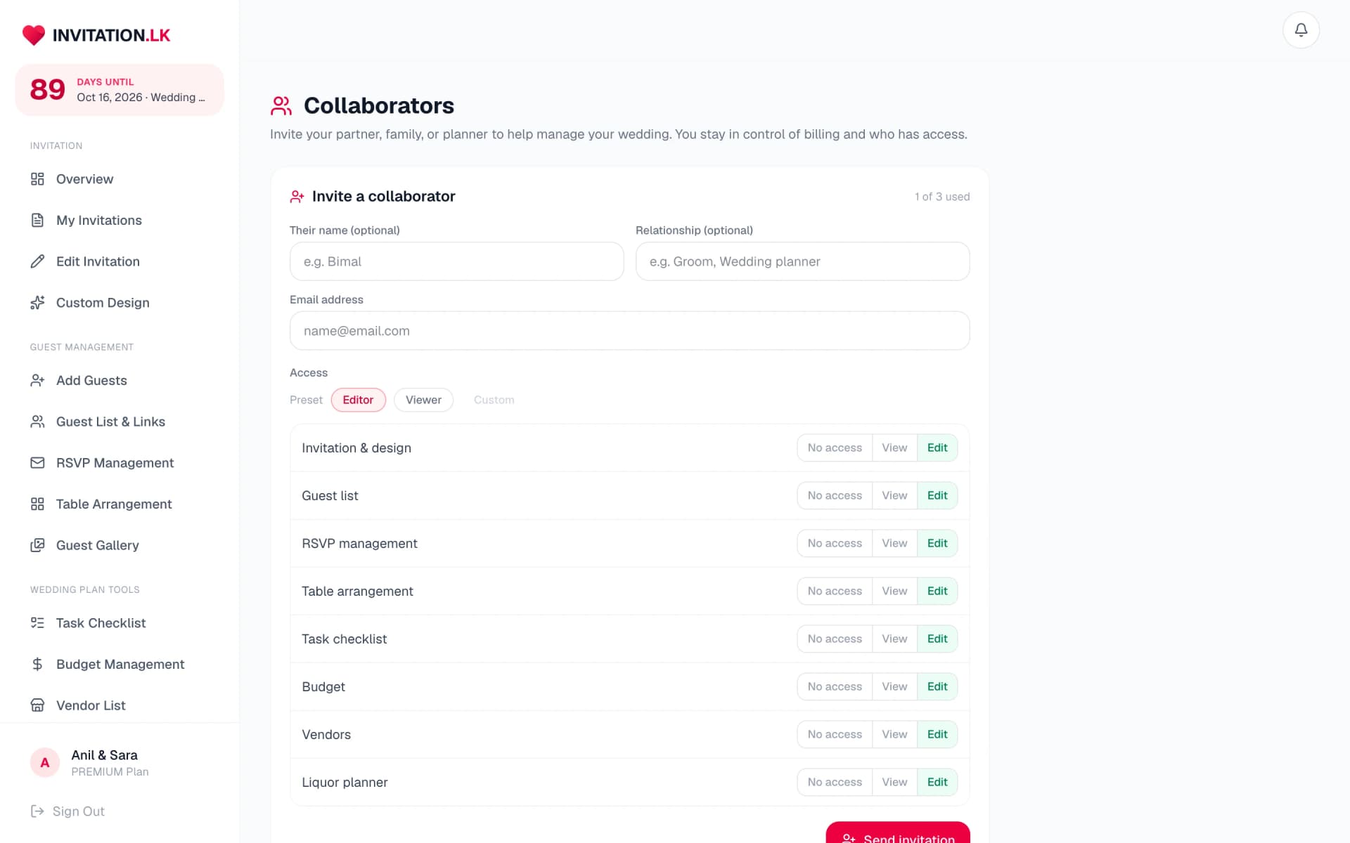 Collaborators page with per-area access controls