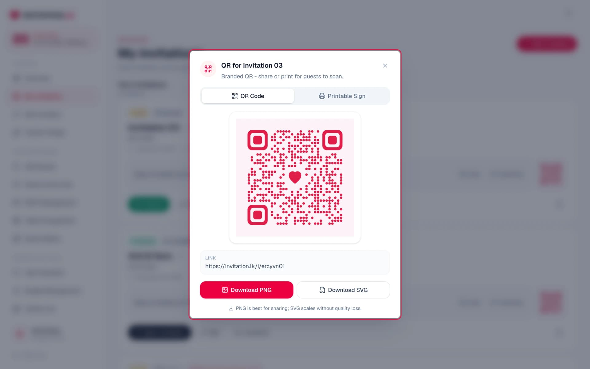 Branded QR dialog with heart-marked QR code and PNG and SVG downloads
