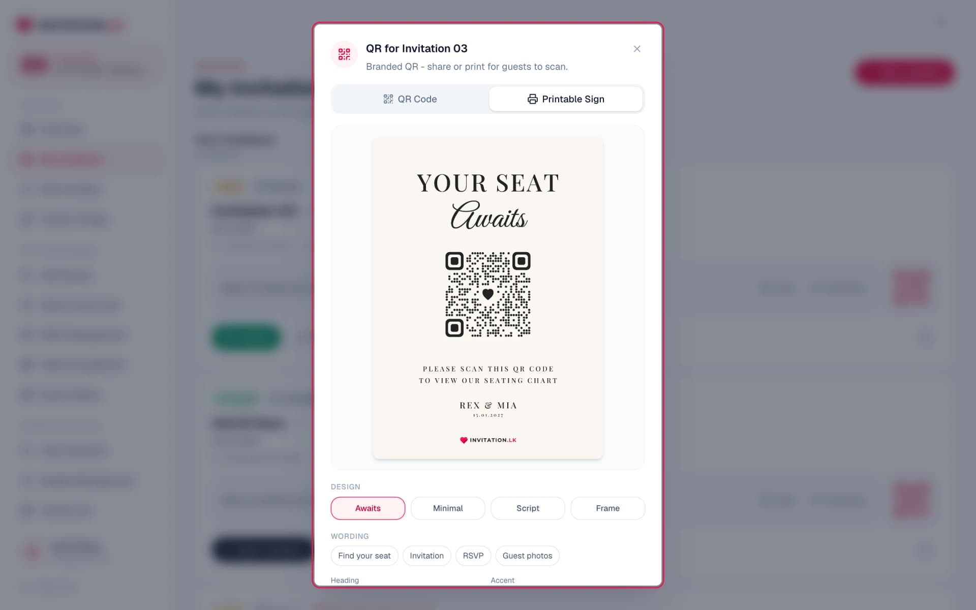 Printable QR sign designer with an elegant Your Seat Awaits sign preview