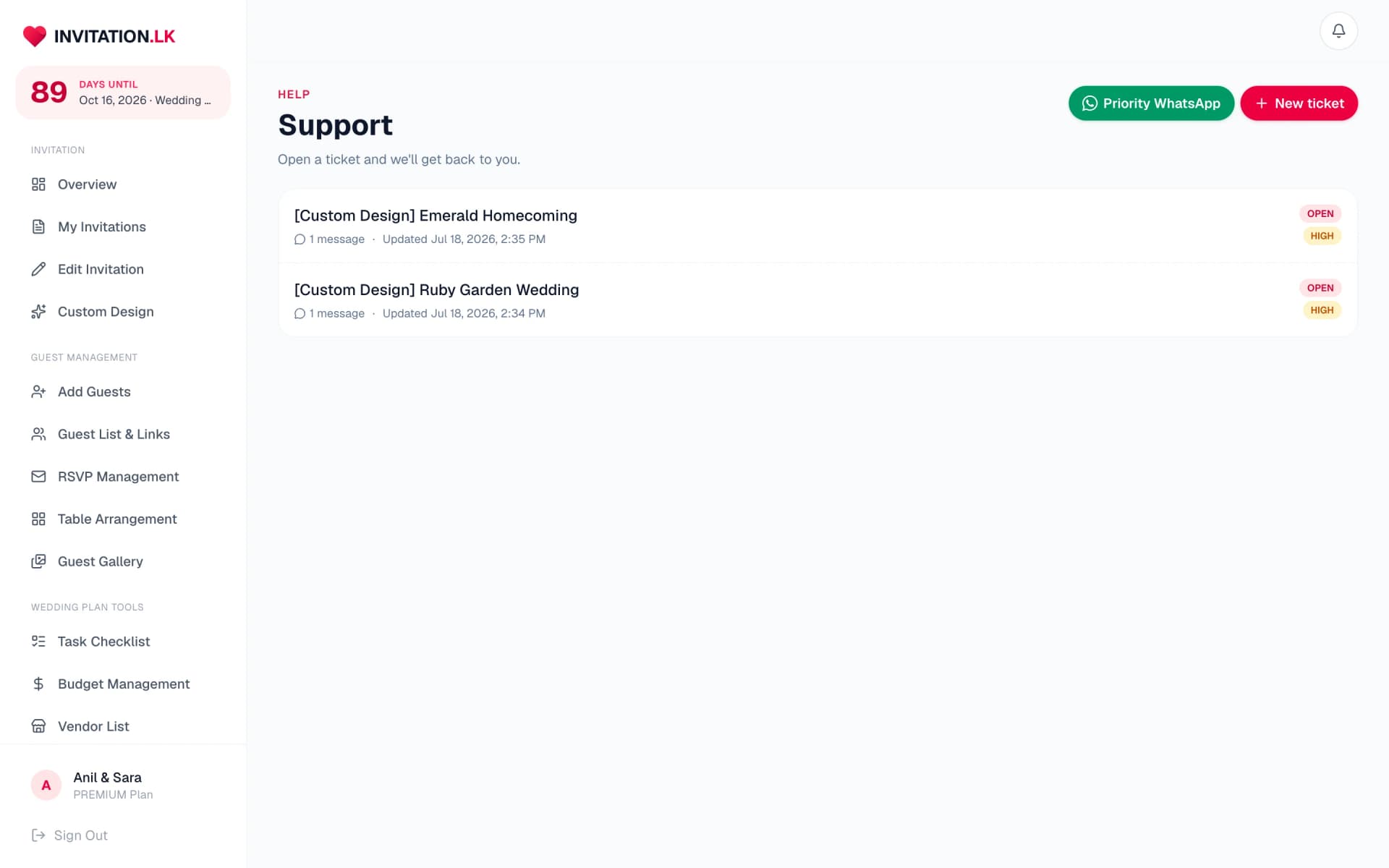 Support tickets with status badges and priority WhatsApp button
