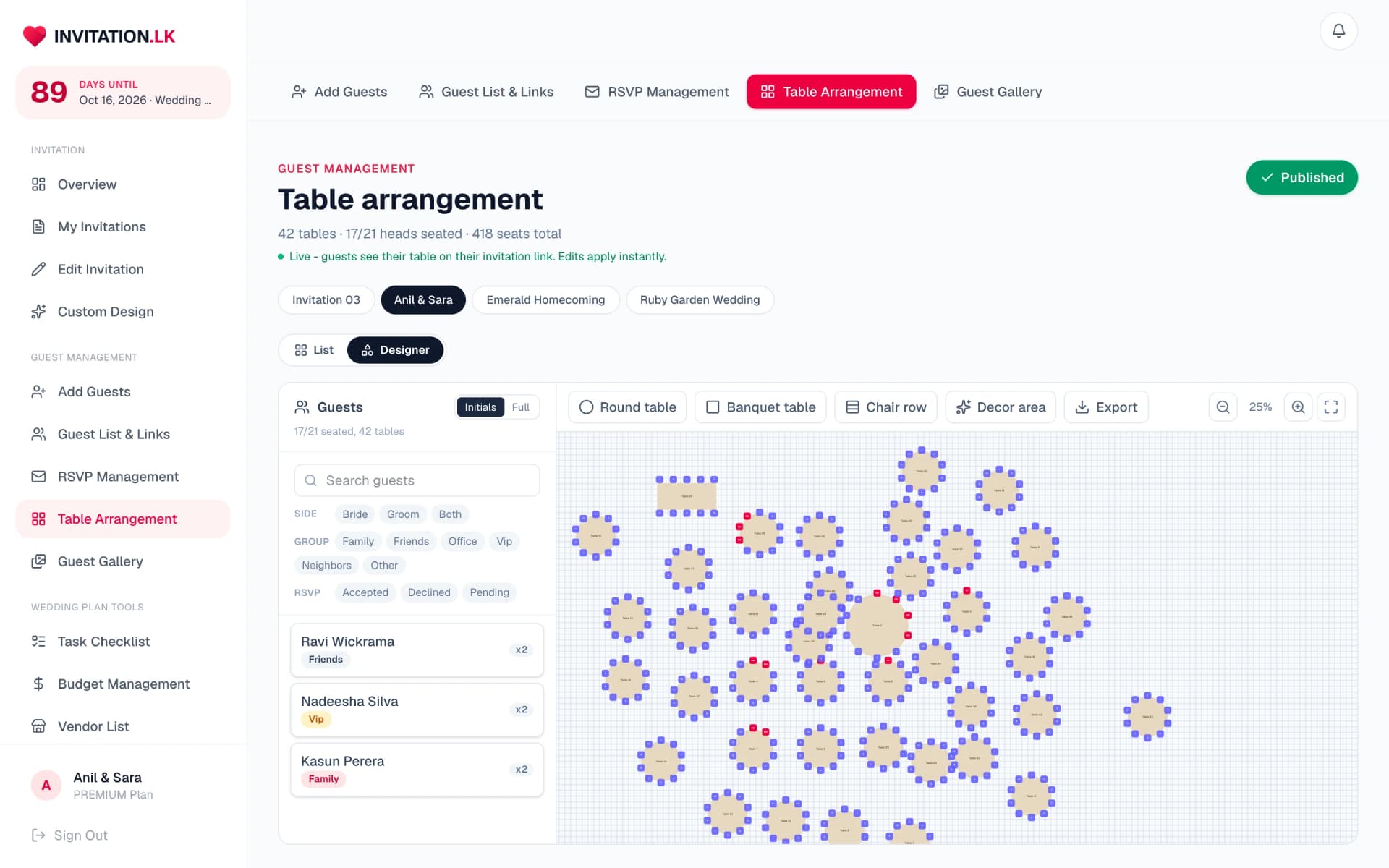 Visual table arrangement designer with a canvas of tables and a guest panel