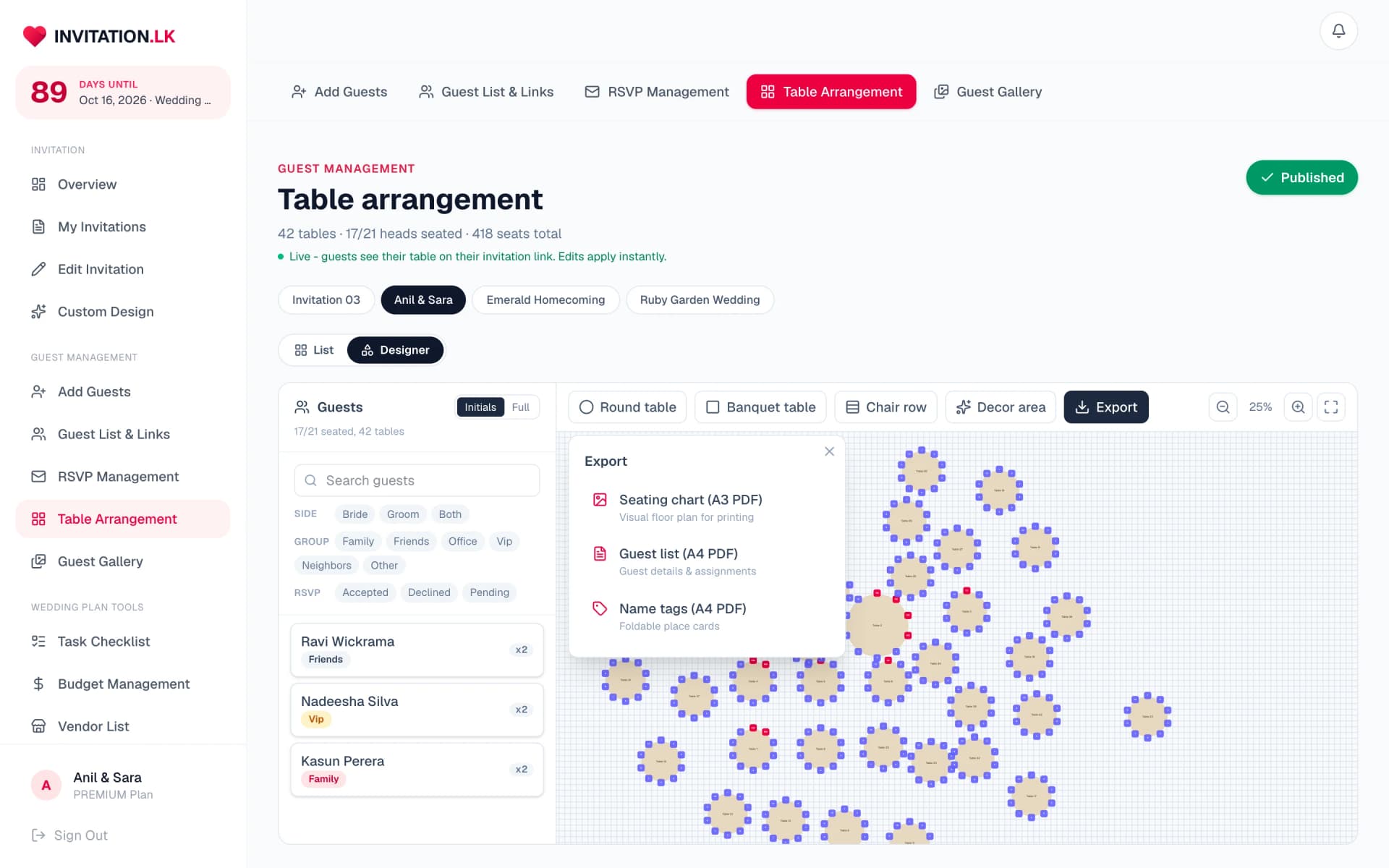 Export menu with seating chart, guest list, and name tag PDF options