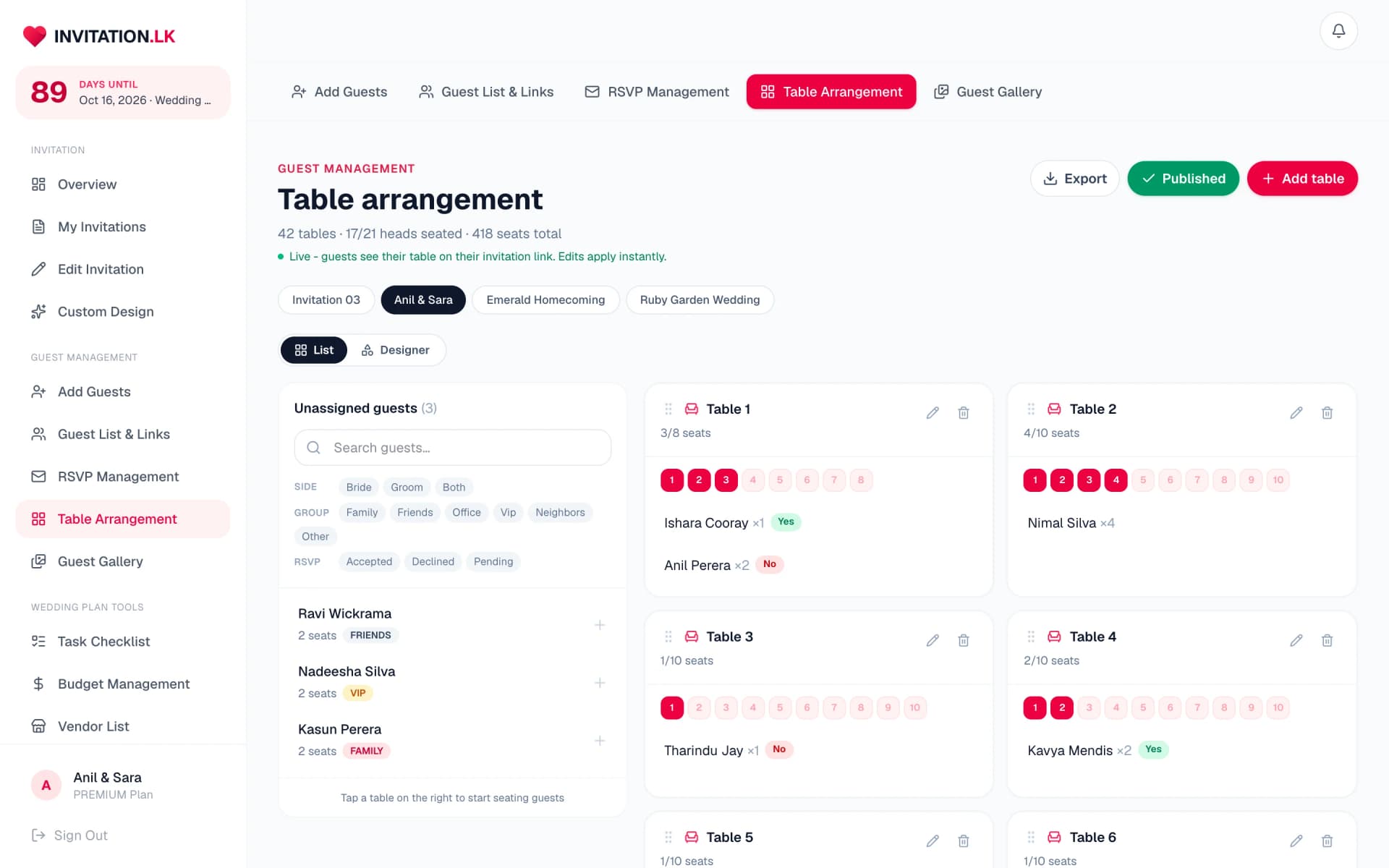 Table arrangement list view with unassigned guests and per-table seat chips