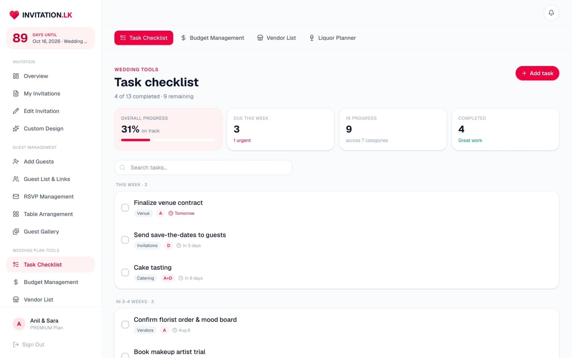 Wedding task checklist with progress statistics and due dates