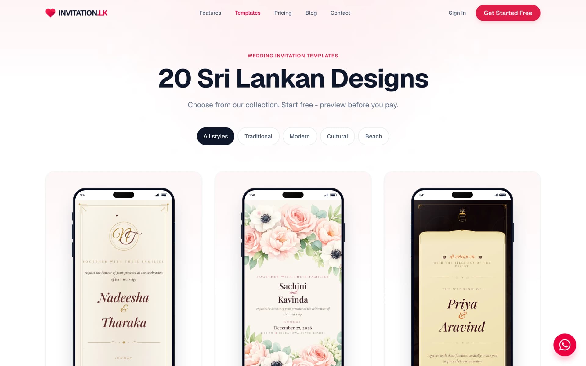 The invitation.lk template gallery on a laptop, showing Sri Lankan wedding designs inside phone previews