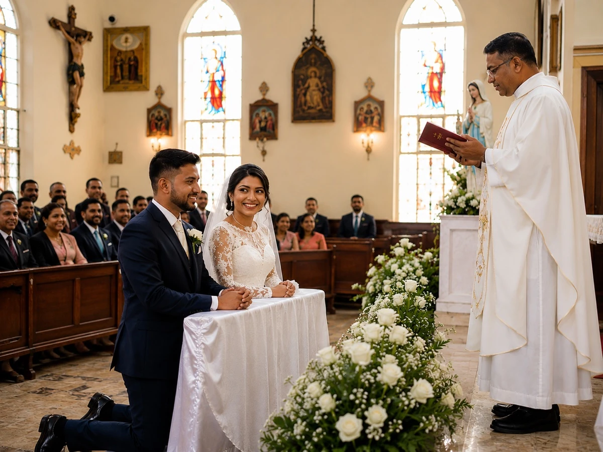 පූජාසනය ඉදිරිපිට දණගස මනාල යුවළ පූජාවට සහභාගී වෙති
