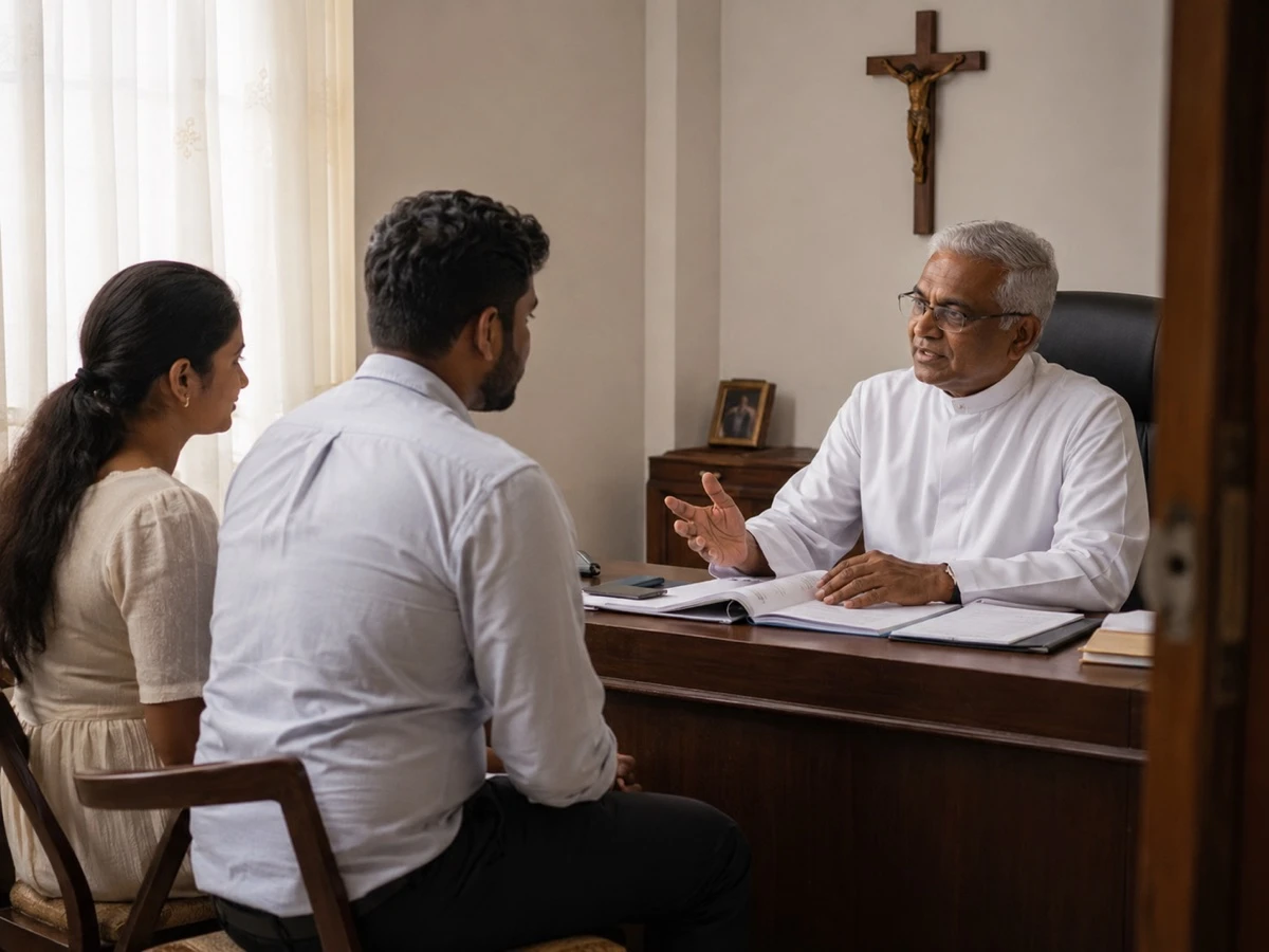 දේවස්ථානයේ පියතුමා සමඟ විවාහ සූදානම සාකච්ඡා කරන යුවළ